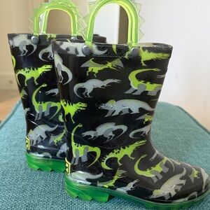 Western Chief Kids Dinosaur Rain Boots in Black & Neon Green